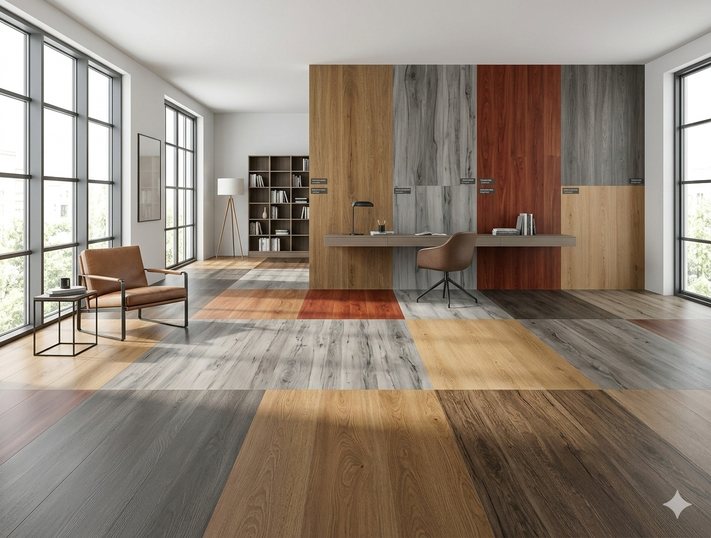 Showcase of multicolor flooring finishes and tones