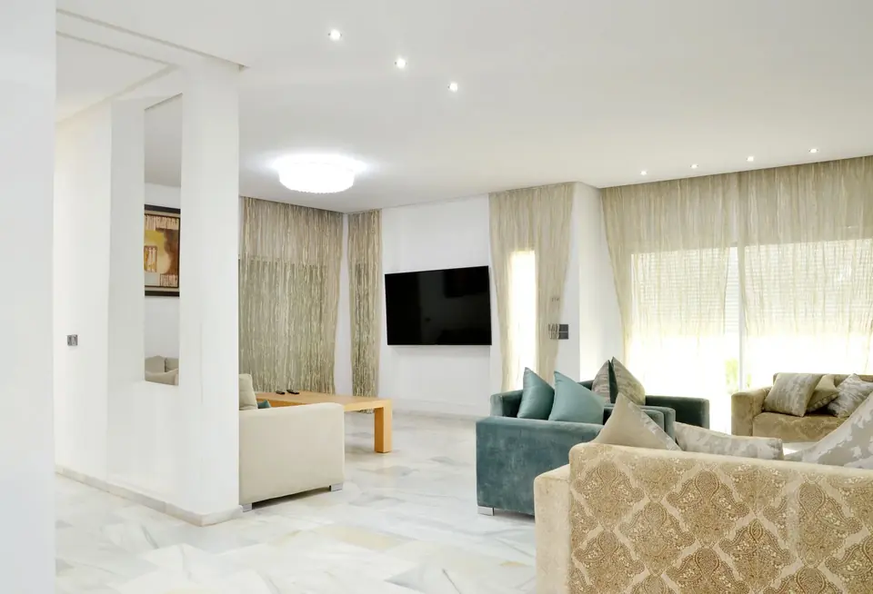 Modern luxurious curtains in a spacious living room