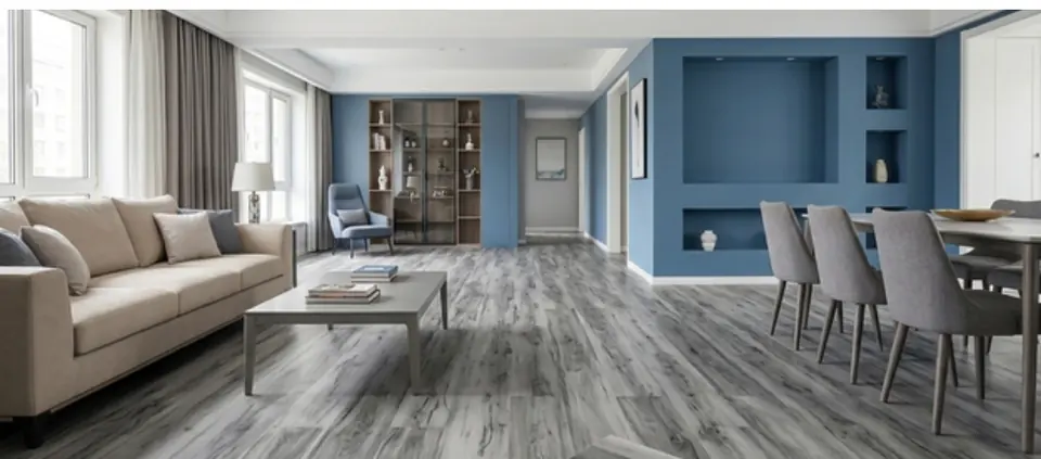 SPC grey flooring in an open-plan living space