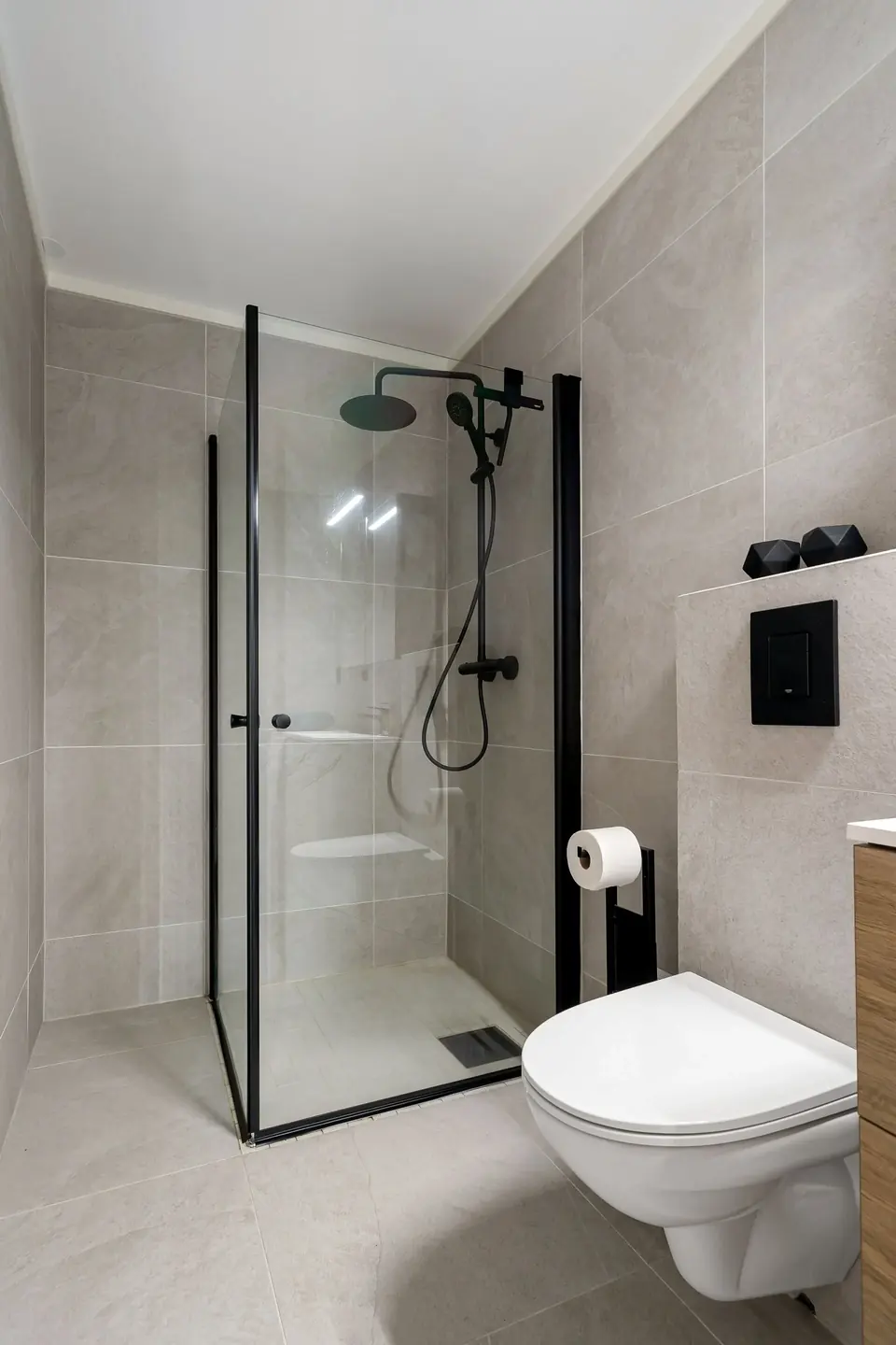 Minimalist frameless glass shower in a sleek modern bathroom
