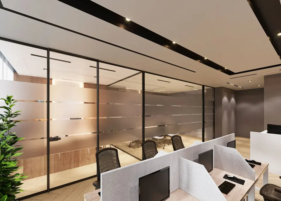 Office cubicles with sleek glass partition walls