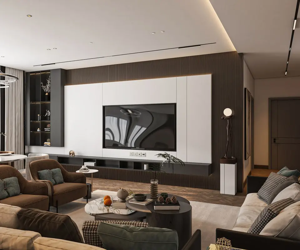 Elegant living room with a large wall-mounted TV setup