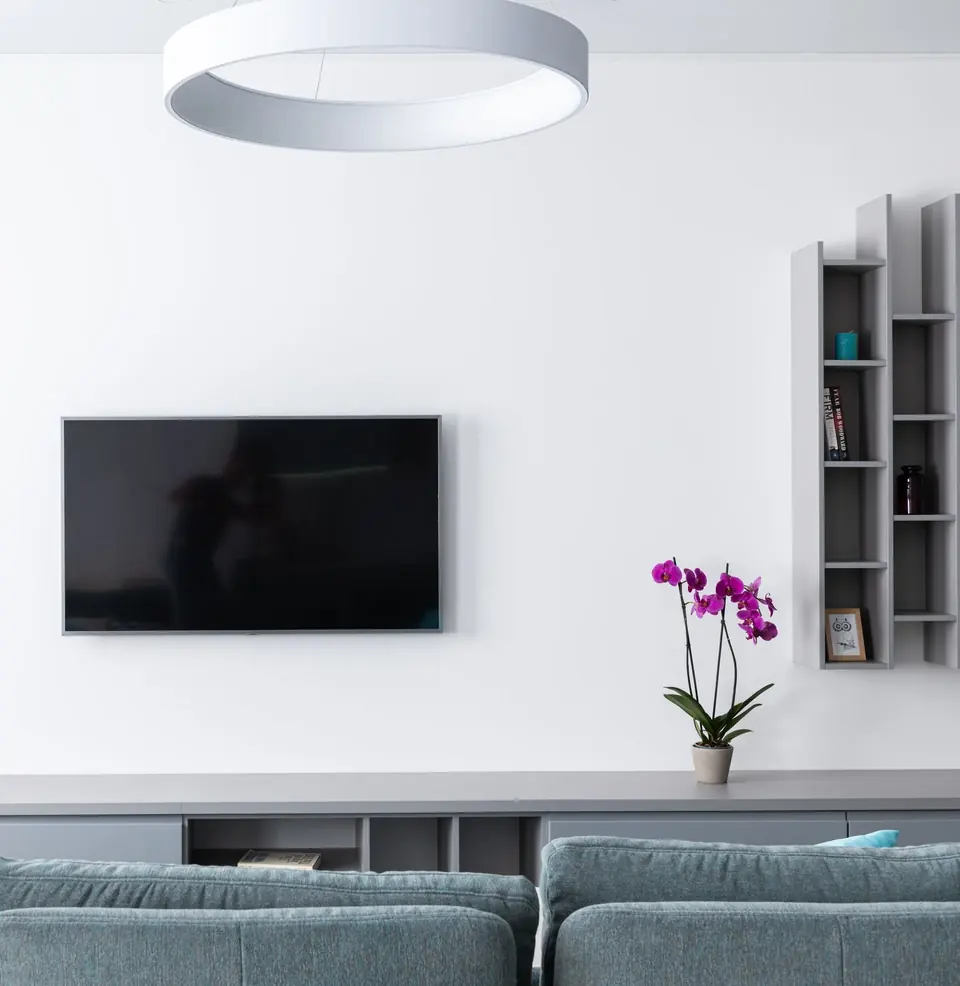 Modern TV wall with shelving in a comfortable lounge