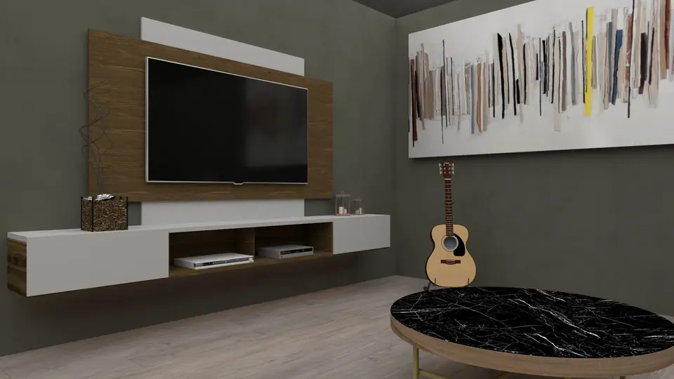 Wall-mounted flat screen TV with modern living room decor