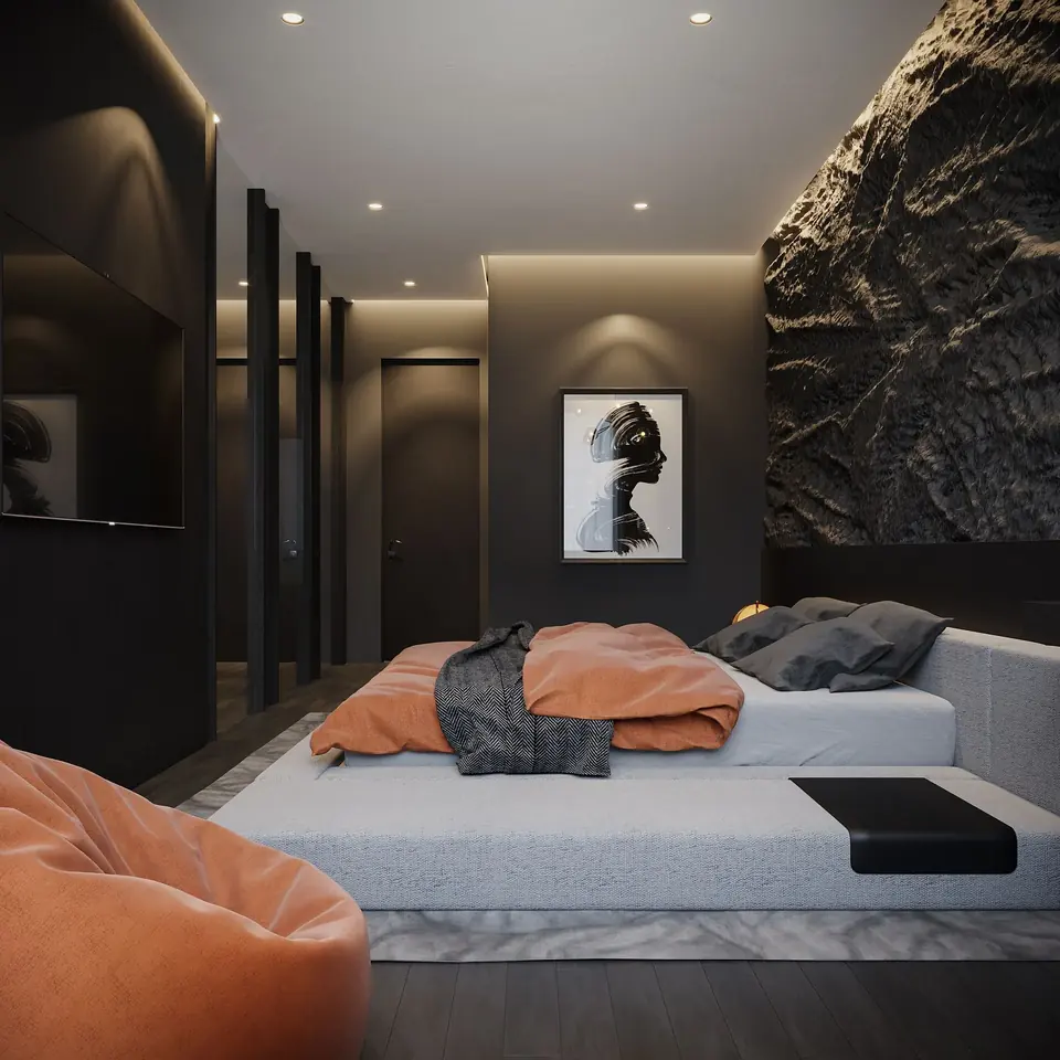 Sleek modern bedroom with dark accent wallpaper and artistic elements