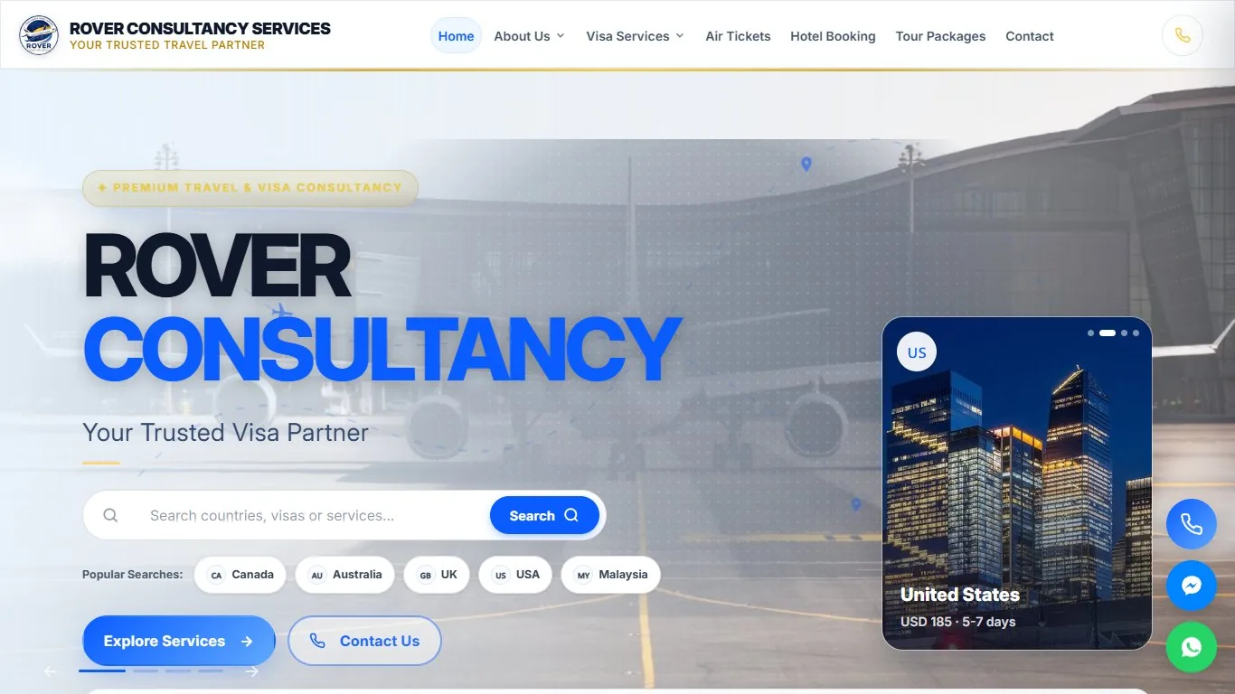 Rover Consultancy Services homepage with visa search