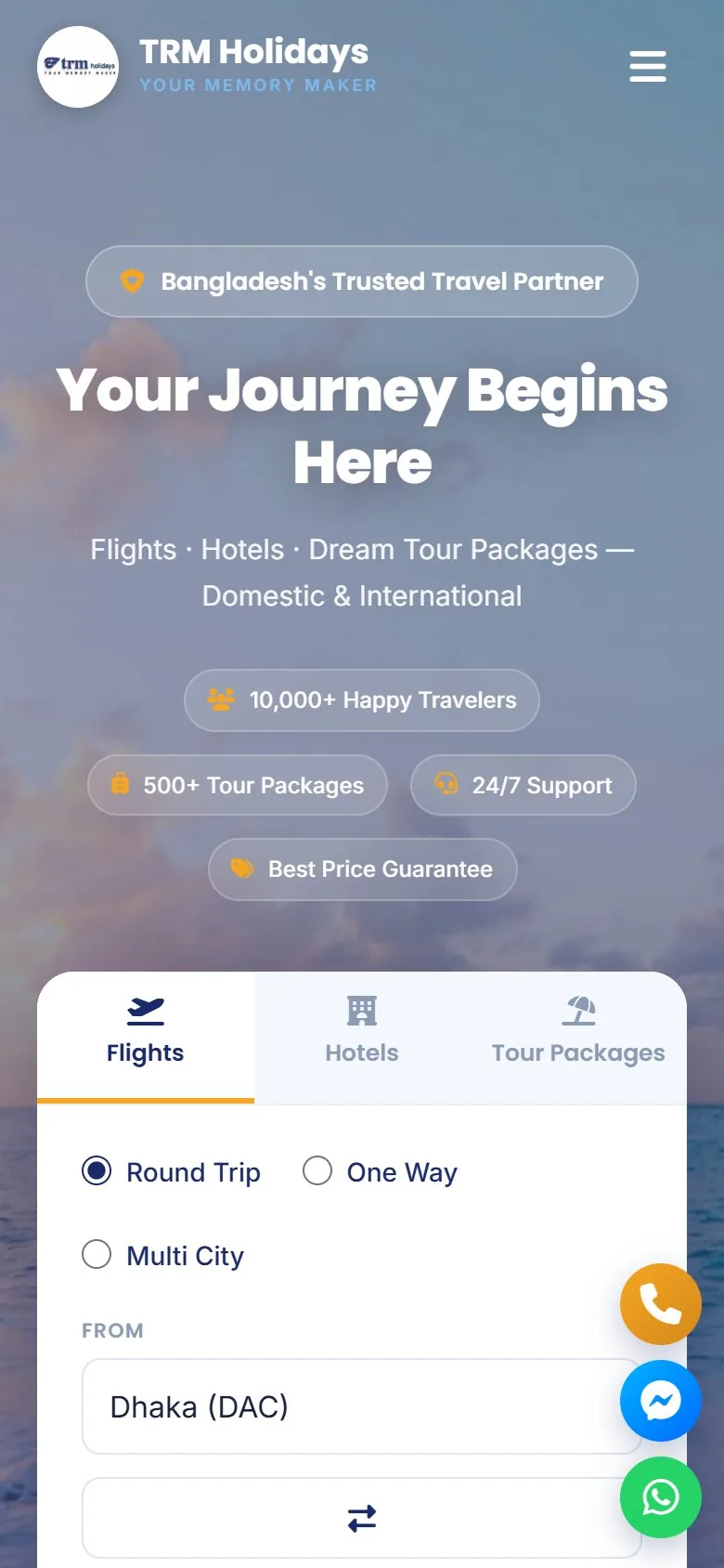 TRM Holidays homepage on a phone, showing the flight search