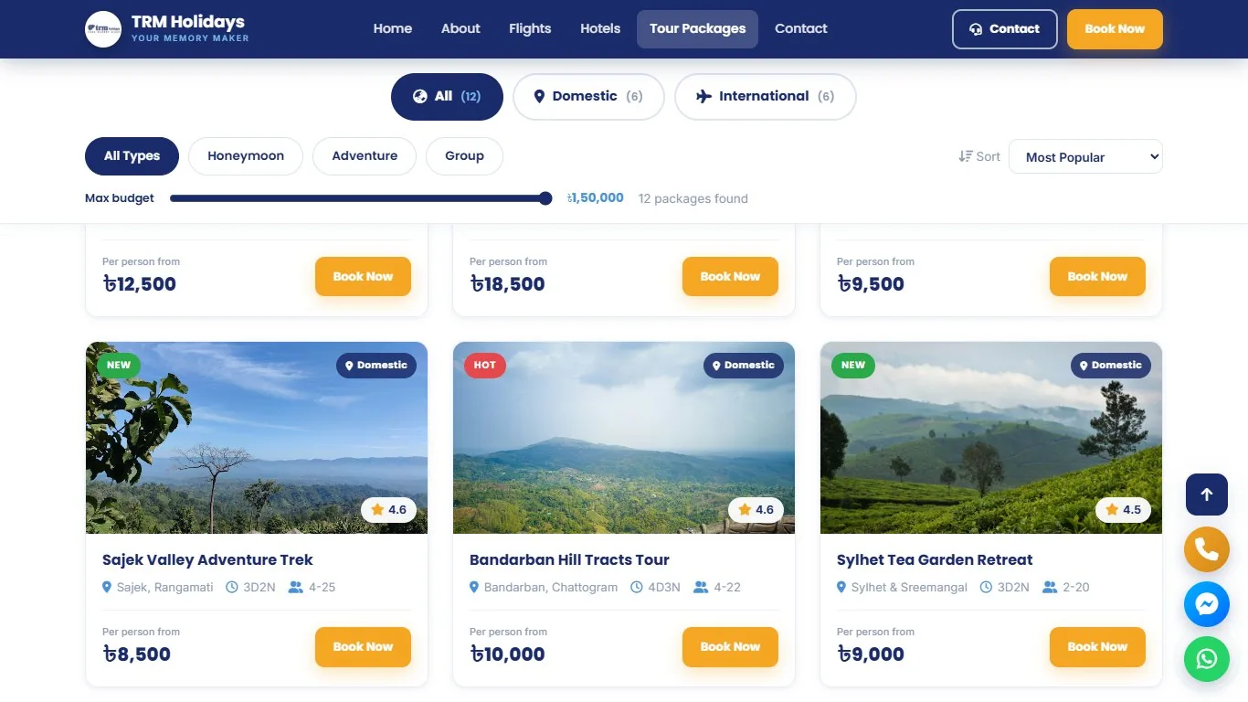 TRM Holidays tour packages page with region, trip type and budget filters